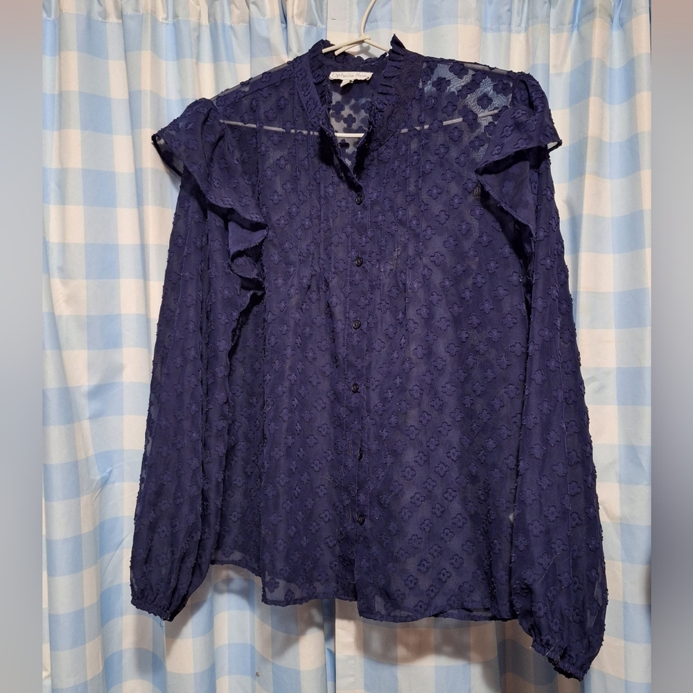Ophelia Roe Women's Sheer Navy Blue Button-down Blouse